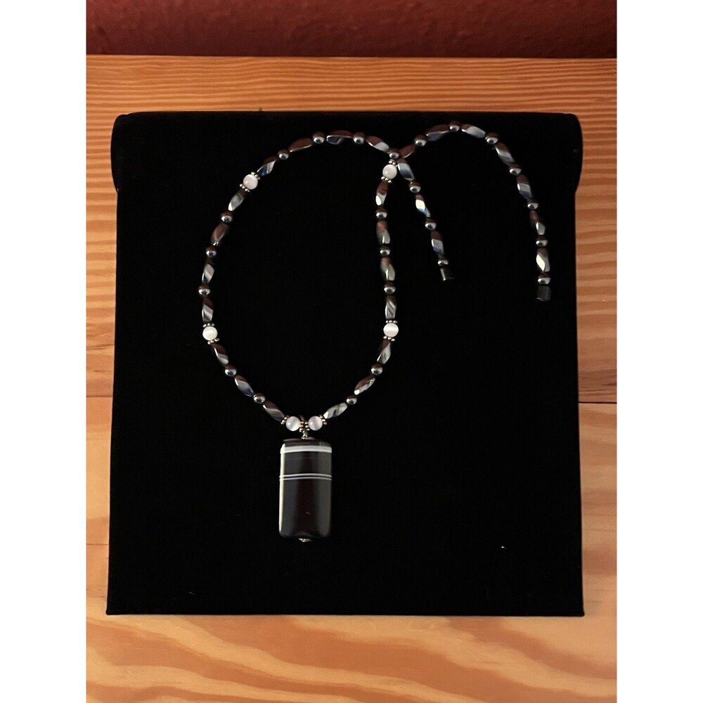 Black Banded Onyx Pendant Necklace Hematite Moonstone Gemstone Beaded Boho Goth